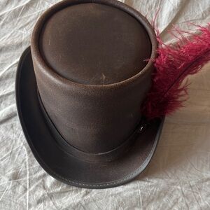 Brown Leather Top Hat with Red Feather